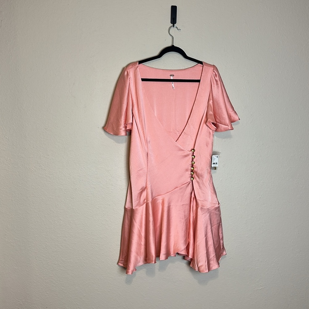 Free People Dress Scarlett Satin Ruffle Wrap Mini‎ Peach Size XL NWT - Picture 6 of 11